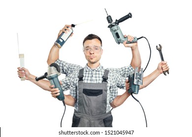 Funny portrait of a craftsman with six arms and tools