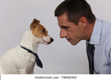 Funny Portrait Of Elegant Man And His Dog. Dog And Owner Matching Clothes