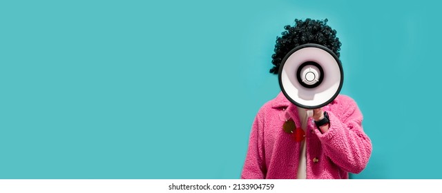 Funny portrait of an emotional guy with a megaphone. Collage in magazine style. Flyer with trendy colors, advertising copy space. Discount, sale season. Information concept. Attention news! - Shutterstock ID 2133904759