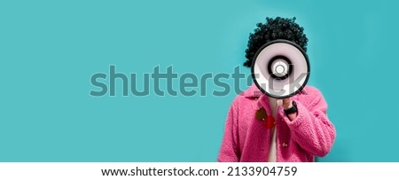 Funny portrait of an emotional guy with a megaphone. Collage in magazine style. Flyer with trendy colors, advertising copy space. Discount, sale season. Information concept. Attention news!