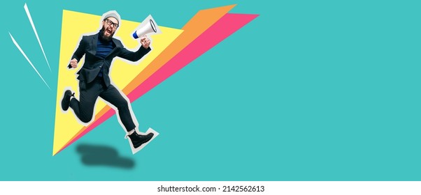 Funny portrait of an emotional running in the air guy with a megaphone. Collage in magazine style. Crazy emotions. Discount, sale season. Information concept. Attention news! - Shutterstock ID 2142562613
