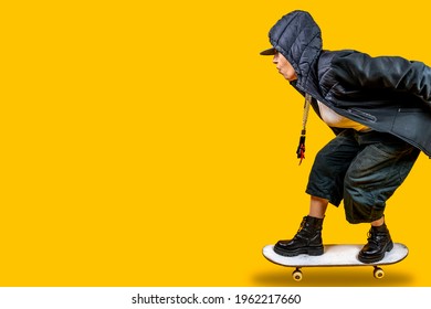 Funny Portrait Of Mature Woman. Lady Having Fun With Skate Dressed As Rapper. Mature Woman On Colored Backgrounds 