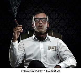 Funny Portrait Of Rich Man With Serious Face Expression Smoking A Cigar