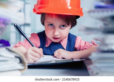 Funny portrait of young female engineer architect drawing on architectural project. Construction design bureau, engineering and business concept.