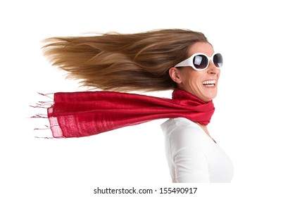 Funny portrait of young woman with flowing hair