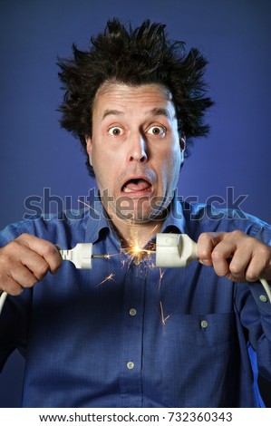 Funny Portraits of a guy who has been electrified: hair standing up with different facial expression on blue background: electrical spark and plug