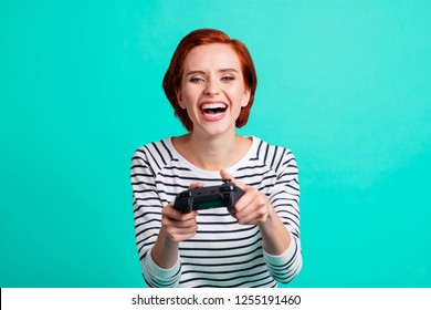 Funny Pretty Cute Carefree Careless Lucky Crazy Leader She Her People Person Gamer Using Wireless Playstation Playing Favorite Vr Game In Modern Outfit Isolated Vibrant Background