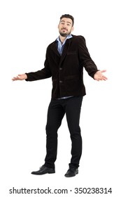 Funny Puzzled Fashionable Man Shrugging And Smiling At Camera. Full Body Length Portrait Isolated Over White Studio Background.