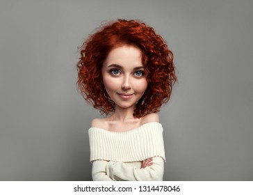 Funny Red Curly Girl With Big Head And Funny Hairstyle. Caricature Stylization Of Female Logic. Young Blogger. Female Psychology