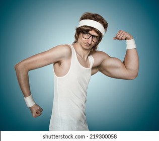 Funny retro nerd with one huge arm flexing his muscle over blue background - Powered by Shutterstock