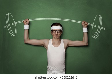 Funny retro sport nerd lifting weights drawn on a chalkboard