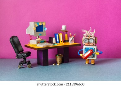 A funny robot office manager holds a folder with documents. Retro office with a computer and a desk lamp on an old table. The concept of workflow business automation. pink background.