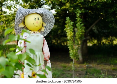 A funny scarecrow in a garden full of green trees. Sunny, summer day - Powered by Shutterstock