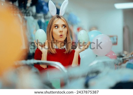 
Funny Shopping Assistant Celebrating Holding Easter Eggs. Surprised promoter girl advertising promotional offer on holiday season
