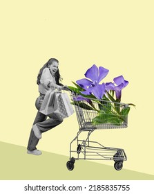 Funny Shopping. Contemporary Art Collage. Girl With Shop Cart Filled Flowers. Concept Of Vintage And Retro Design, Creativity, Imagination, Inspiration, Artwork And Ad