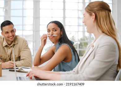 Funny, Silly And Goofy Business Woman Being Playful, Joking And Having Fun With Laughing Colleagues In An Office. Crazy, Cheerful And Amusing Female With Humor Entertaining Happy Coworkers At Work