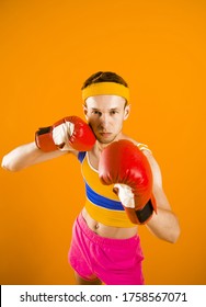 Funny Skinny Boxer Man With Red Boxing Gloves.