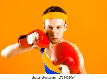 Funny Skinny Boxer Man With Red Boxing Gloves.