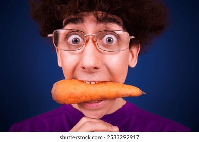 Funny skinny curly guy eating carrots. Retro style. - Powered by Shutterstock