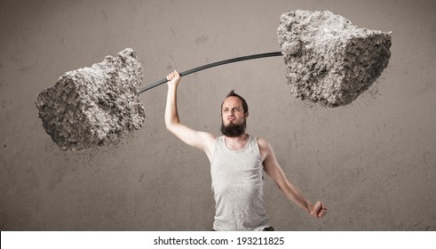 Funny Skinny Guy Lifting Large Rock Stone Weights