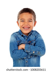 Funny Small Child With Denim T-shirt Isolated On A White Background