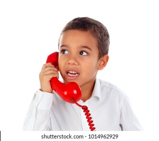 Funny Small Child Talking On The Phone Isolated On A White Background