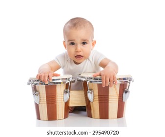 Funny Smiling Baby With Bongos Isolated