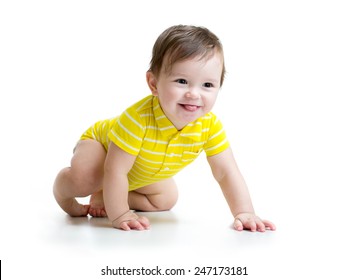 Funny Smiling Baby Boy Crawling Isolated On White