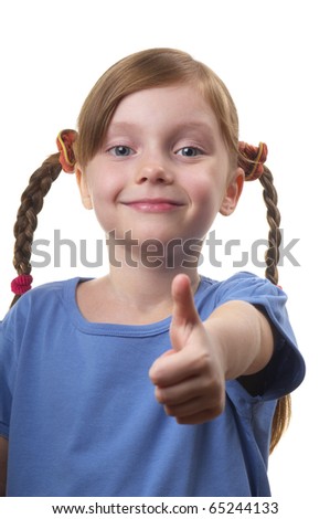 Funny smiling little girl portrait isolated over white background (big thumb up)