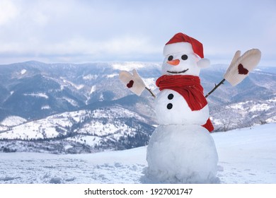 Funny snowman outdoors on sunny day, space for text