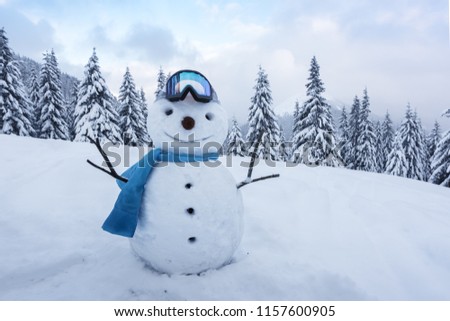 Funny snowman in ski glass in snowy mountains. Ski resort concept. Merry Christmass and happy New Year!