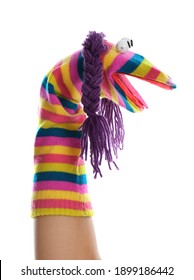 Funny Sock Puppet For Show On Hand Against White Background