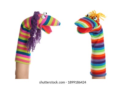 Funny sock puppets for show on hands against white background