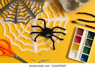 Funny Spider From Egg Carton Packaging, Step By Step Instruction. Step 4 - Add Legs And Yeys. Children's Craft For Halloween Party. Simple DIY, Creative Eco Friendly Idea, Reuse  And Zero Waste