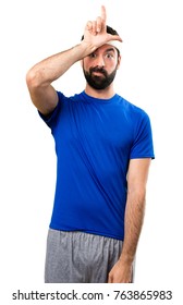 Funny Sportsman Making Loser Sign On Isolated White Background