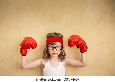 Funny Strong Child. Girl Power And Feminism Concept