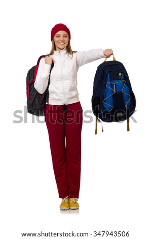 Funny student with backpack isolated on white