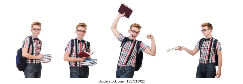 Funny student with stack of books