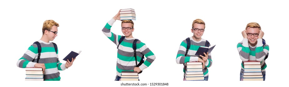 Funny student with stack of books