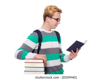 Funny student with stack of books
