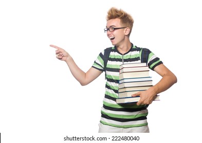 Funny student with stack of books