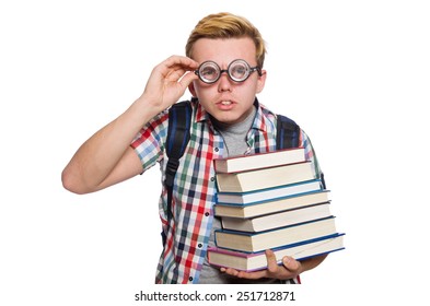 Funny student with stack of books