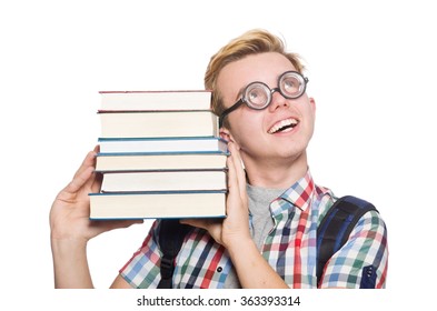Funny student with stack of books