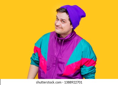 Funny Style White Man In 90s Jacket And Hat On Yellow Background