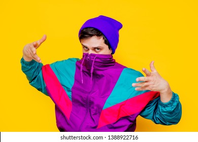 Funny Style White Man In 90s Jacket And Hat On Yellow Background