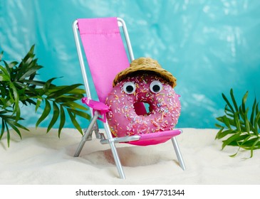 Funny summer card with donut relaxing on beach chair. Summer minimal food humor poster.