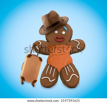 Funny summer card with gingerbread cookie woman tourist wearing straw hat, with suitcase  on blue background.