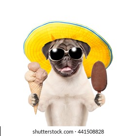 Funny Summer Dog  In Sunglasses And Hat Holding Ice Cream. Isolated On White Background