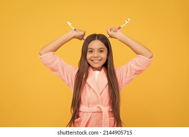 Funny Teen Girl Hold Toothbrush. Childhood Happiness. Morning Routine.