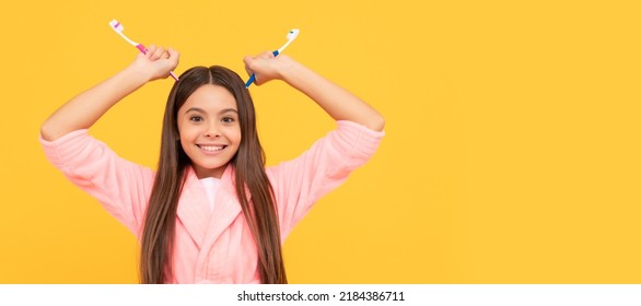 Funny Teen Girl Hold Toothbrush. Childhood Happiness. Morning Routine. Banner Of Child Girl With Teeth Brush, Studio Portrait, Header With Copy Space.